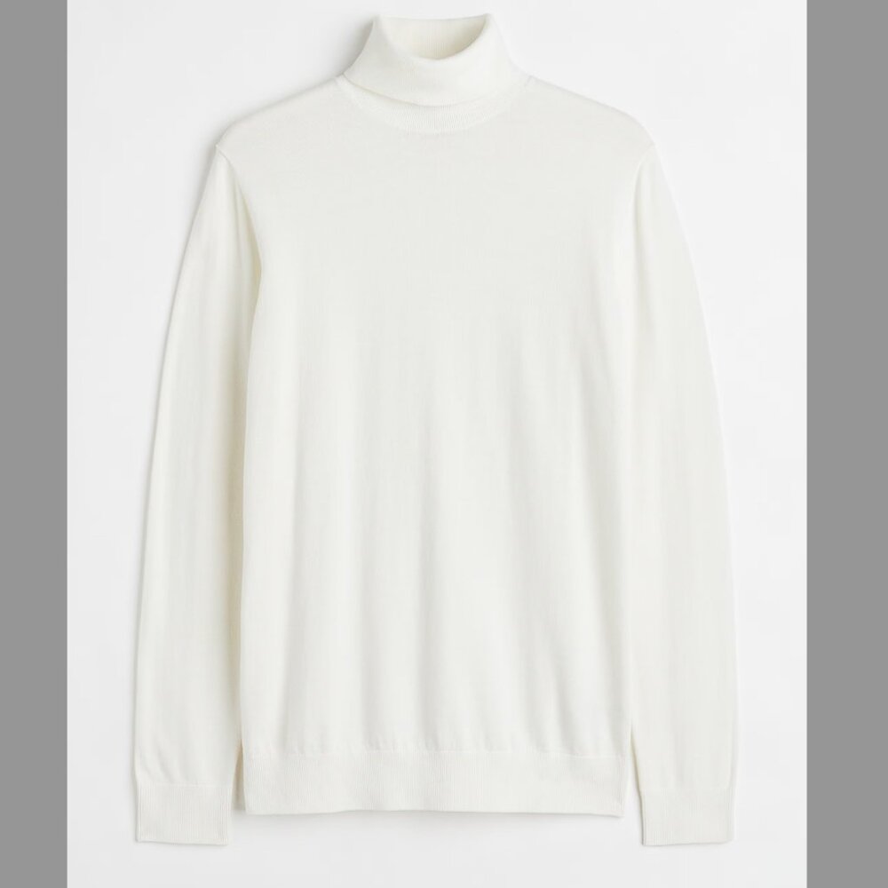 H&M White Cotton Turtleneck US Womens Large w/ Ribbed Hem and Cuff